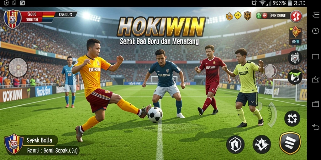 Antarmuka permainan HOKIWIN dengan grafis sepak bola yang menarik.