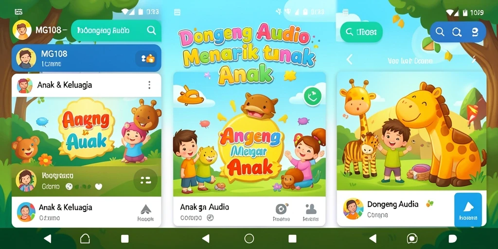 Antarmuka aplikasi MG108 yang menarik dan mudah digunakan untuk dongeng audio.